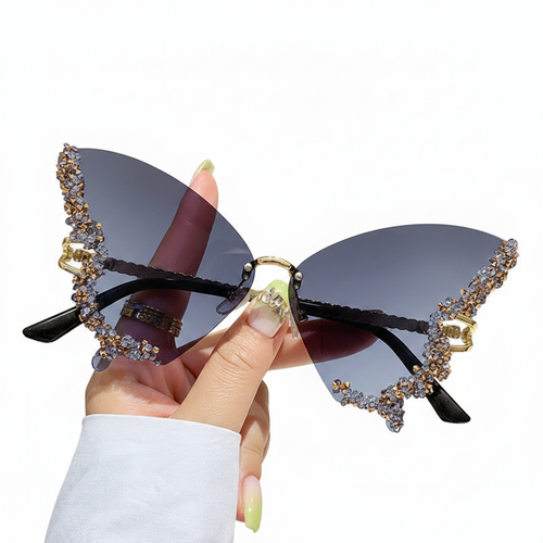 Dark Grey Diamond Butterfly Sunglasses - White Background