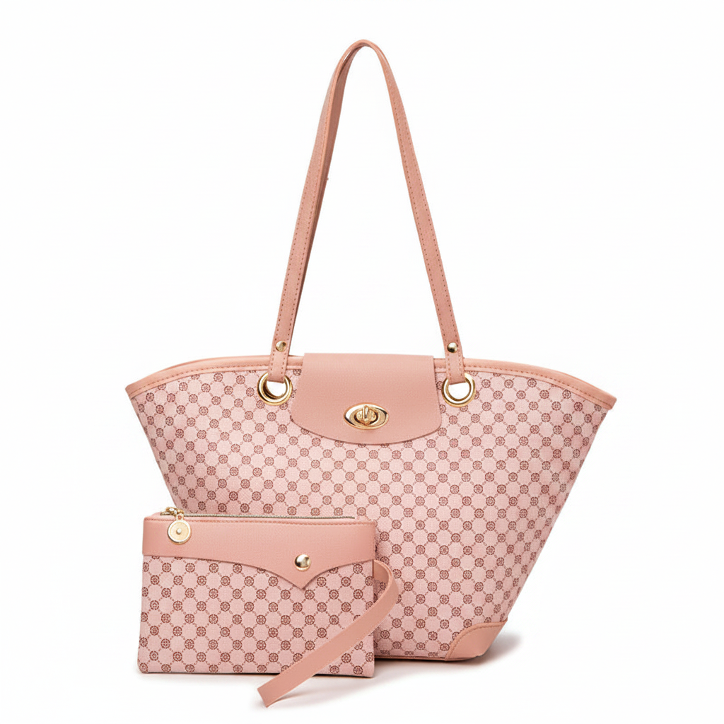 Pink Monogram Tote Bag Set - White Background